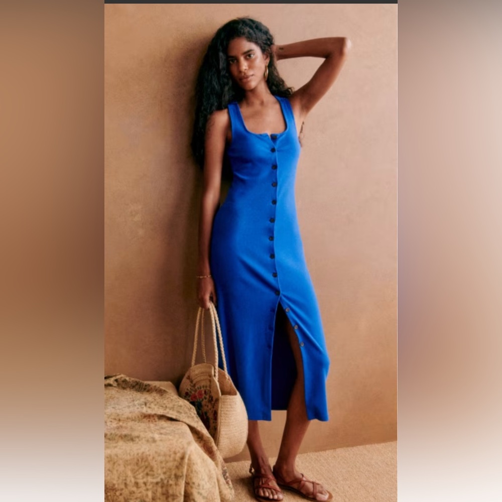 Sezane Royal Blue Button-Front Midi Dress